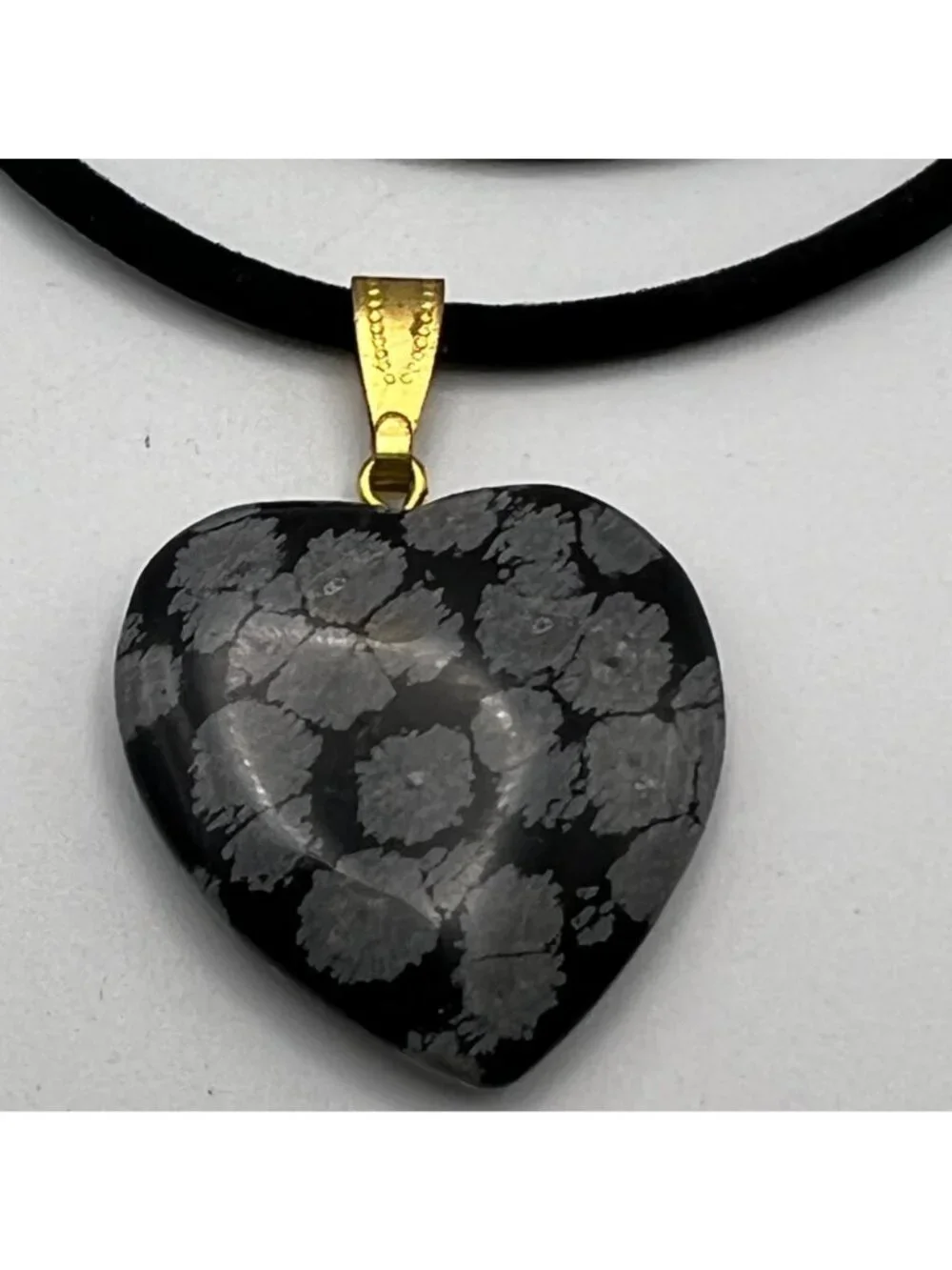 Snowflake Obsidian Heart Pendant Necklace Black Cord Gold-Tone 20+2" Healing - Picture 3 of 8